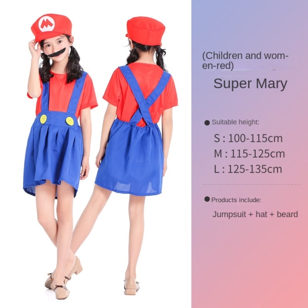 Mub- R583 Mario-tøj til børn overdel Mario Kostumer Halloween Cosplay Anime Kostume Forældre-barn Rollespil Kostume Mario piges rød Mario girl's red S
