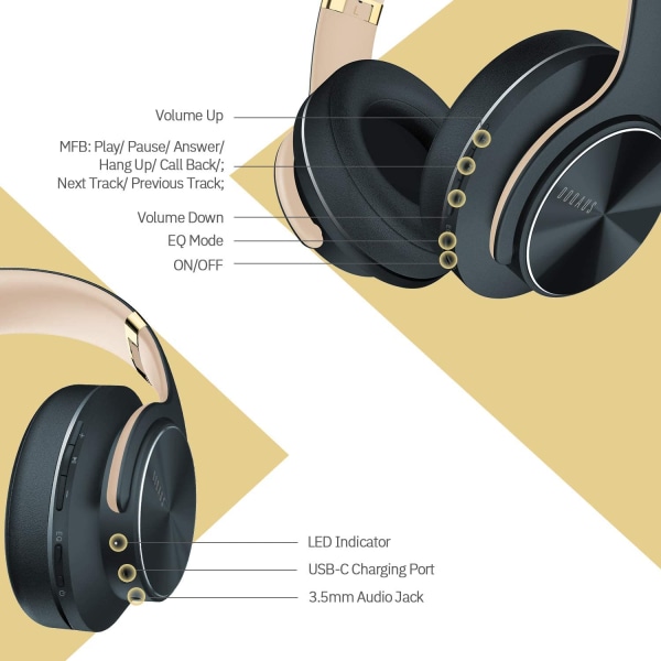 Bluetooth Over Ear-hodetelefoner Trådløse hodetelefoner med 3 EQ