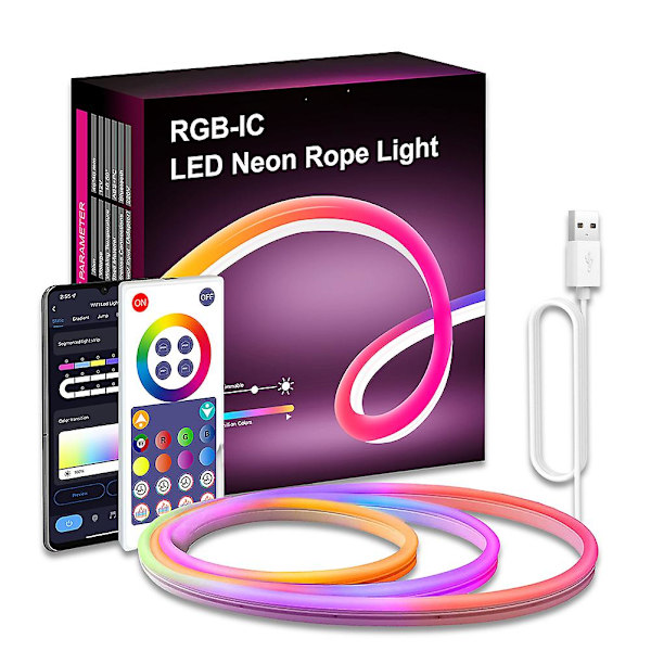 RGB LED Neon Rope Light med 16 millioner farver, Wifi Bluetooth Musikstyring til Soveværelse, Stue og Spilindretning