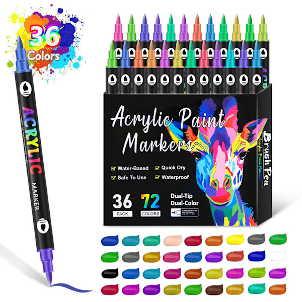 Akrylmalingpenner, permanente akrylmalingpenner med fin spiss og penselspiss 36PCS