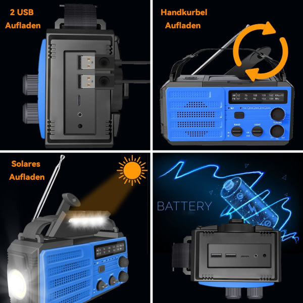 Veva Radio med vev, 8000mAh - Solcellsdriven bärbar AM/FM/NOAA väderradio