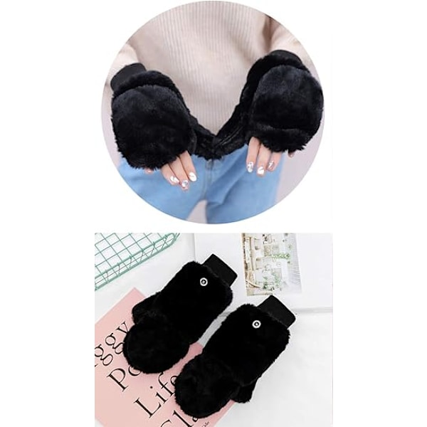 Vinterhansker for kvinner, myke og fluffy, vindtette fleece-hansker med varm vott-deksel for jenter Black