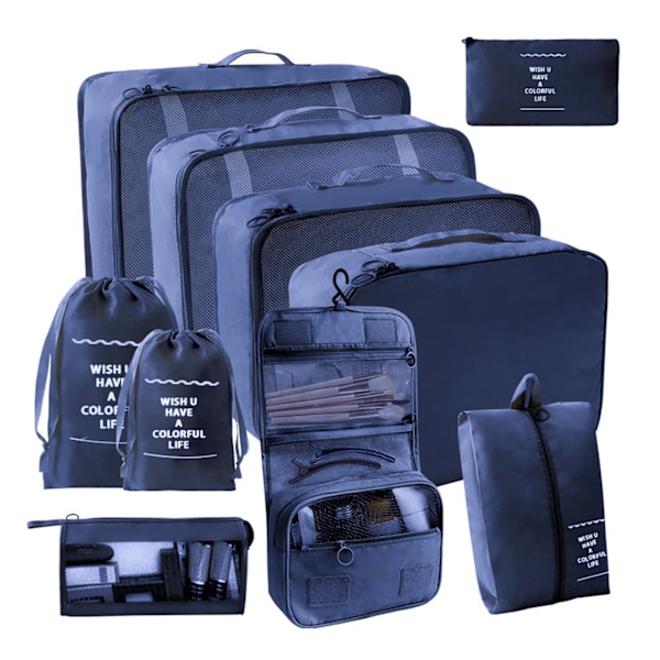9 stk/11 stk Reiseoppbevaringssett i ensfarget stoff Bærbar koffert Klærpakkepose for Res deep cerulean 10 pcs