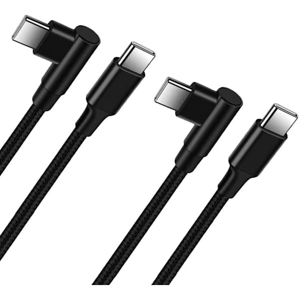 [2-pak/1M] USB C til USB C-kabel, flettet 60W 20V/3A USB Type C til Type C PD hurtigladekabel 90 grader (svart)