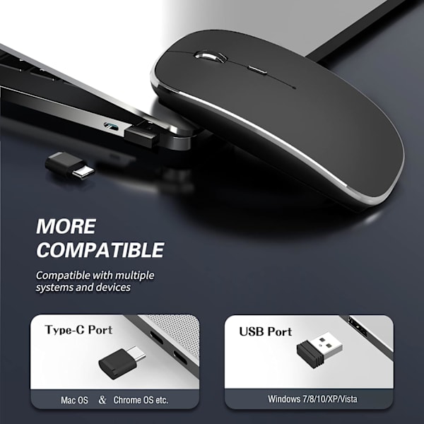 Trådløs Mus Genopladelig Bærbar Lydløs Trådløs Mus USB og Type-C Dobbelttilstand Trådløs Mus 3 Justerbar DPI til Laptop Mac PC
