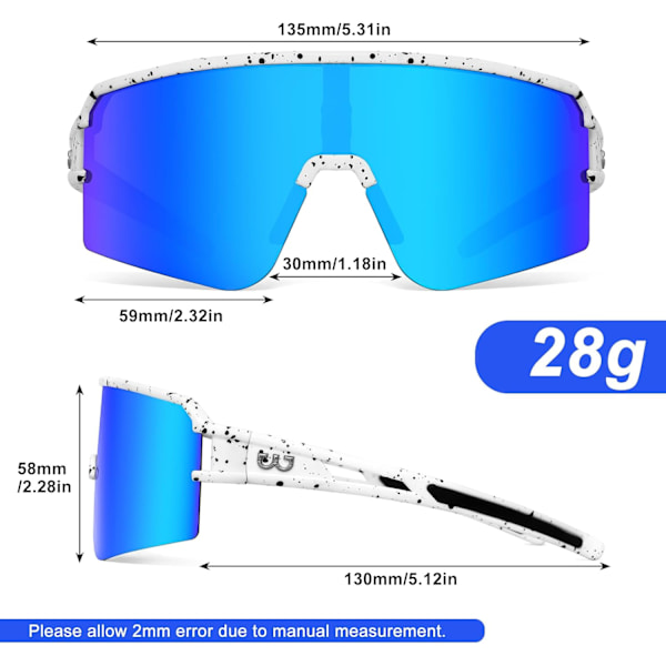 Polarisoidit pyöräilylasit miehille ja naisille, UV400-suoja, urheilulasit baseballin, juoksun jne. harrastuksiin White B&blue Lens