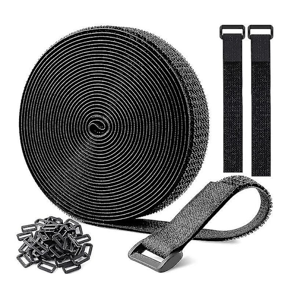 10m X 20mm Återanvändbara Kardborreband, Justerbara Kabelband Med 50 Plastspännen, Fri Klippning Svarta Nylon KardborrebandBY 10m X 20mm