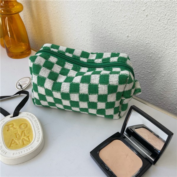 Checkerboard Lattice Makeup Bag Knitted Fabric Women Cosmetic Organizer Zipper Beauty Pouch Wrist Make Up Pouch Toiletry Case