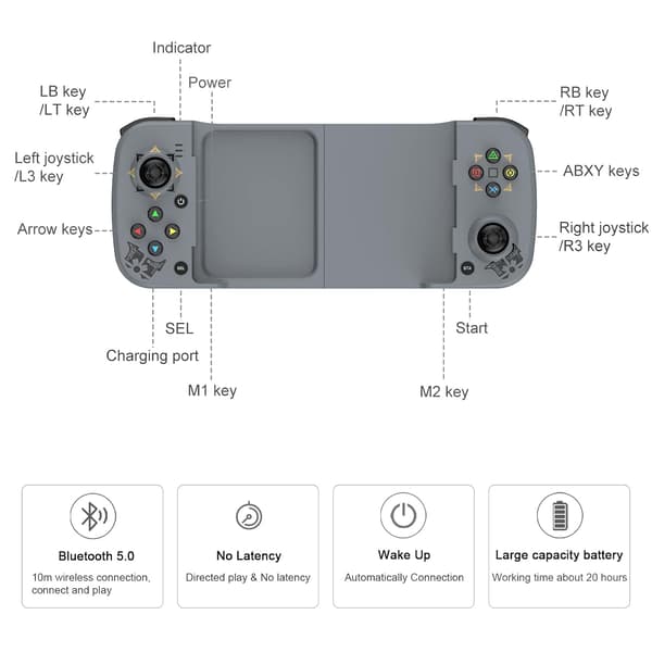 Langaton ohjain Androidille ja iPhonelle, Bluetooth-pelikonsoli, ohjaimet Samsung Galaxy 22/21/20 iPhone 14/14 Plus/14 Pro/14 Pro Max/13 Pro Max COD Grey
