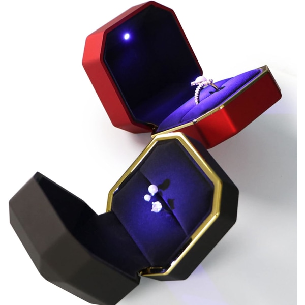 Ylellinen sormuslaatikko, neliönmuotoinen sametti case korujen lahjarasia LED-valolla ehdotushääihin, musta