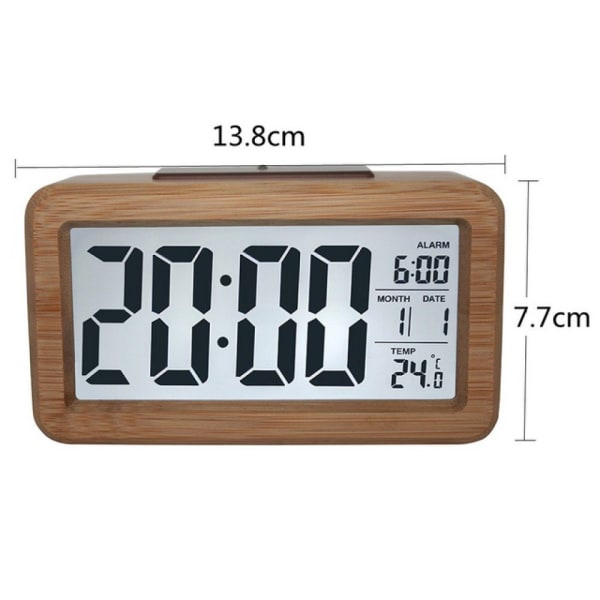 Digital väckarklocka, trä digital väckarklocka med stor temperaturdisplay, bordsklocka med snooze-funktion, datum
