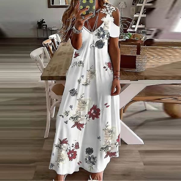 Women Casual High Waist Maxi Dresses Ladies Party Loose Short Sleeve XL Red Flower