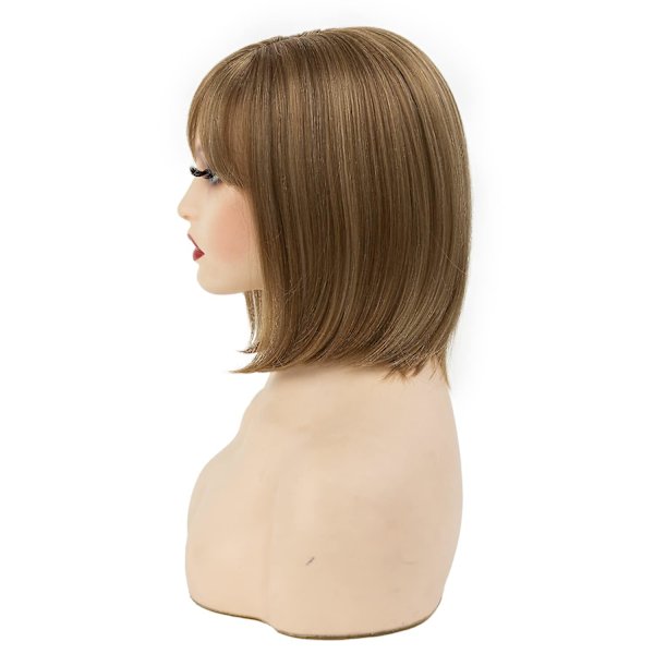 Lys blond parykk med flat pannelugg, kort rett parykk for kvinner, klassisk syntetisk parykk for daglig bruk på fest