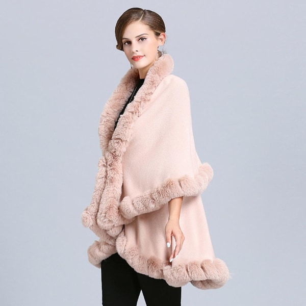 Dobbeltlags tørklæder med kunstig pels trim Elegant cardigan Cape til dame Pink