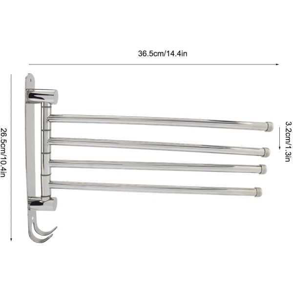 Svingbar håndklædeholder, rustfrit stål 180° drejelig håndklædeholder med 4 arme, egnet til badeværelse og køkken