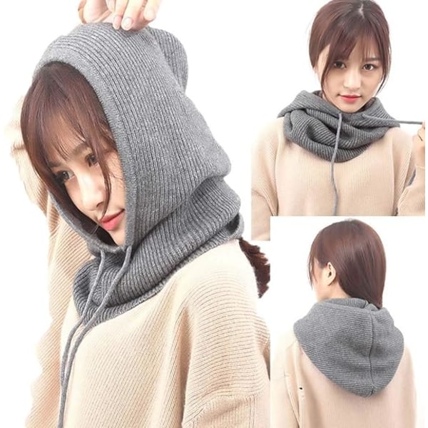 Women's Balaclava Hooded Winter Cashmere Knitted Beanie Hats Ski Mask Skid Cap Outdoor (Grey)