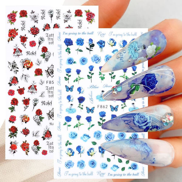 Sheets Spring Röd Ros Nagelkonst Dekaler Klistermärken Självhäftande Blå Vit Gul Rosa Blommor Blommönster Manikyr Tips