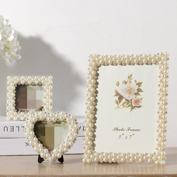 Romantisk bryllupsfotoramme med perleindretning - elegant bordramme