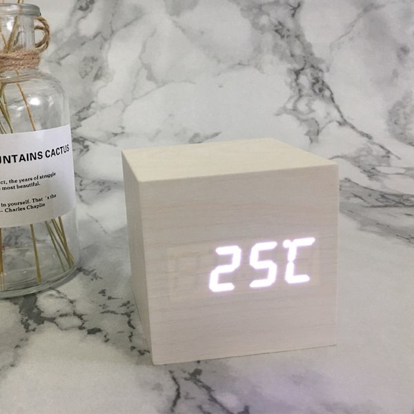 Väckarklocka LED Träklocka Bord Röststyrning Digital VIT White
