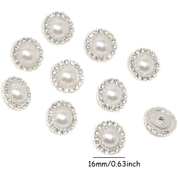 10 STK 16 mm runde rhinestone imiterte perleknapper - Sy på (hvit)