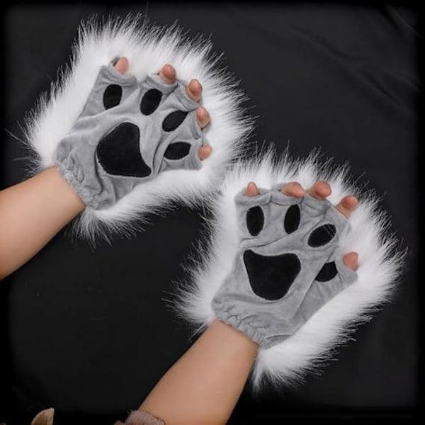 Pussede Faux Fur Poteshansker, Voksne Tenåringer Halloween Kostyme Bjørn Katt Klo Hansker Votter Varme Plysj Halvfingerhansker White