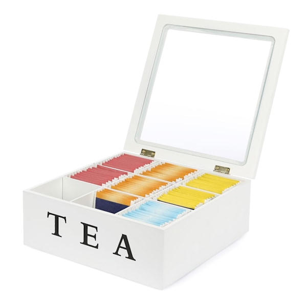 Te-boks i tre med 9 rom og displayvindu - Oppbevaringsboks for teposer hvit - 23 x 23 x 9 cm