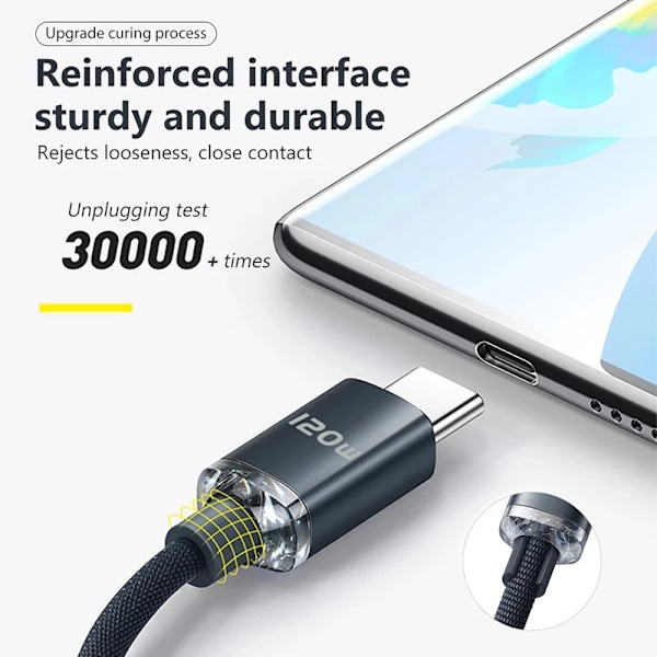 120W PD Type-C -kaapeli Supernopea latauskaapeli Nopea lataus USB C -kaapelit Puhelimen laturi Samsungille Xiaomi Huawei Oneplus POCO OPPO musta black 1.5m