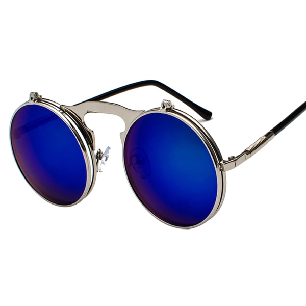 Unisex Solbriller Metal Lennon Flip Up Len Runde Briller Silver Frame Dark Blue Lenses