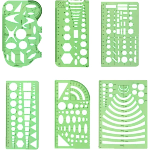 Kappaleet Geometriset piirustusmallit Vihreät geometriset mallit Viivain Geometrinen muoto Muoviset mallit ympyröillä, ympyröillä ja soikealla mallilla offille