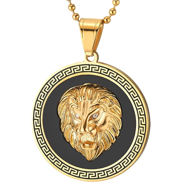 mäns stål lejonhuvud cirkel medalj hänge halsband svart onyx