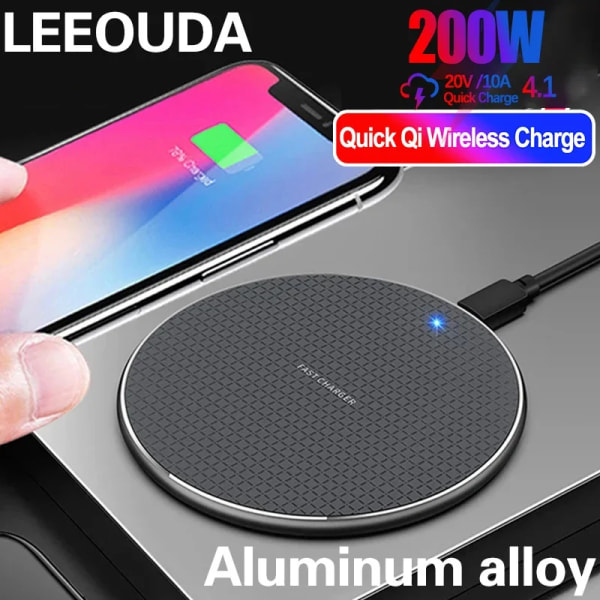 200W trådløs lader for iPhone 14 13 12 15 Xs Max X XR Plus Superrask ladepute for Ulefone Doogee Samsung Note 9 Note S21 Black with cable