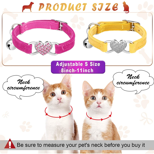 5 delar  Katthalsband Mjuk sammets kattungehalsband med säkerhetsklocka och kärlekshjärta Rhinestone Breakaway Spänne Justerbart för Kitty och Valp