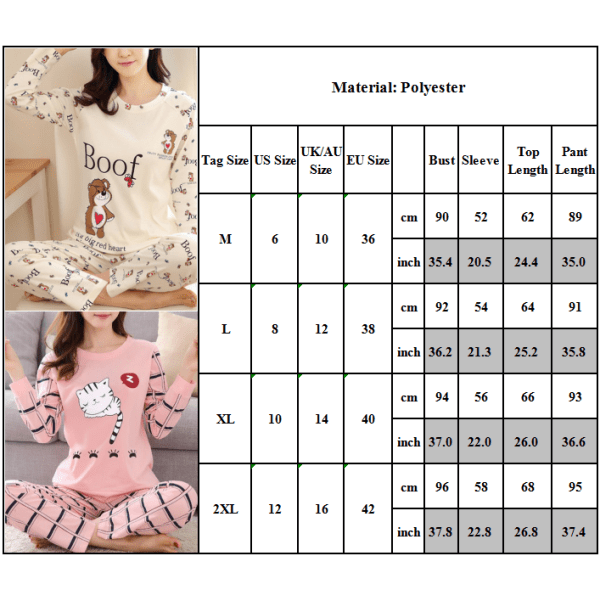 Långärmad pyjamas för kvinnor, 2-delad set för kvinnor med lång svans katt long tail cat L