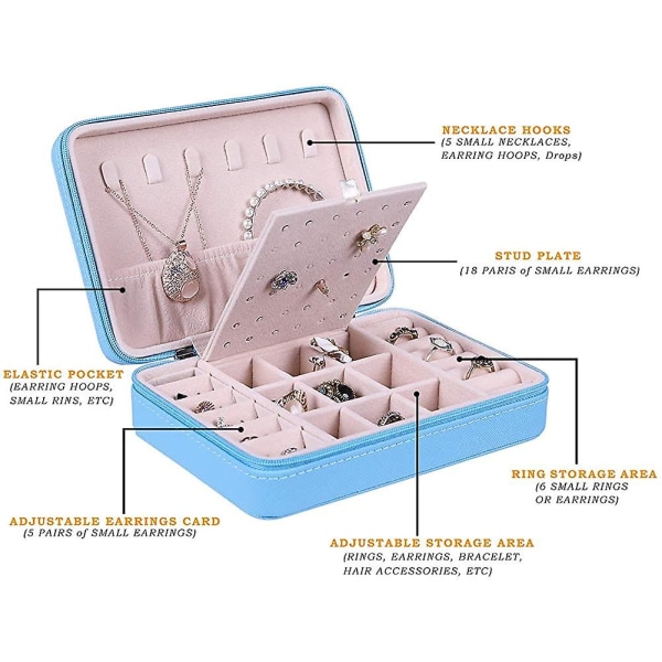 Reise smykkeskrin arrangør med glidelås - PU lær smykker oppbevaringsboks gaveeske for kvinner og jenter ringer øredobber halskjede armbånd