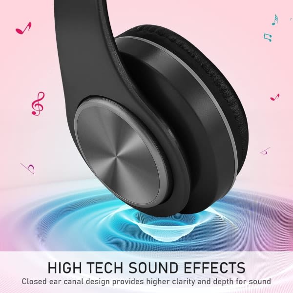 Trådlösa Over-Ear-hörlurar, Trådlösa stereohörlurar Inbyggd HD-mikrofon, FM, SD/TF, Deep Bass Lightweight Headset (svart)