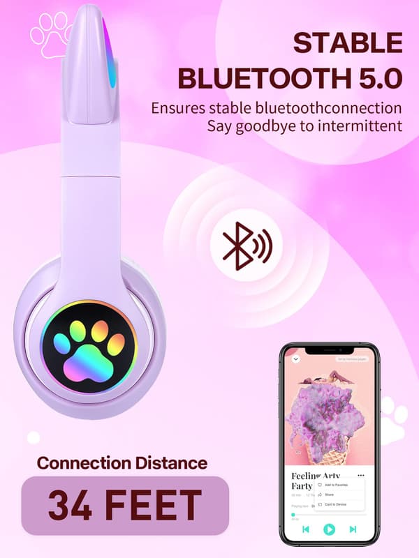 Flash Light Cute Cat Ears Wireless Earphones with Mic Can Control LED Purple