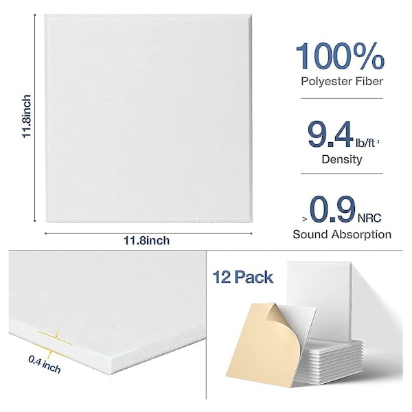 Självhäftande Akustikpaneler 12-pack, 12 x 12 x 0,4 tum Ljudisolerande Vaddering, Ljudabsorberande Panel