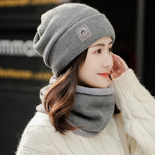Varm vinterstrikket huetørklæde i fleeceforet til kvinder Koreanske mænds unisex huetørklæde sæt med 2, mørkegrå