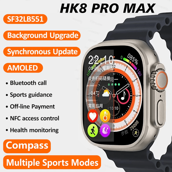 AMOLED-skærm HK8 Pro Max Ultra Smart Watch Series 8 49mm Høj Optrækkehastighed Kompas Spil NFC Smartwatch Mænd Sportsure 2.12 Orange Orange AMOLED Screen 49mm