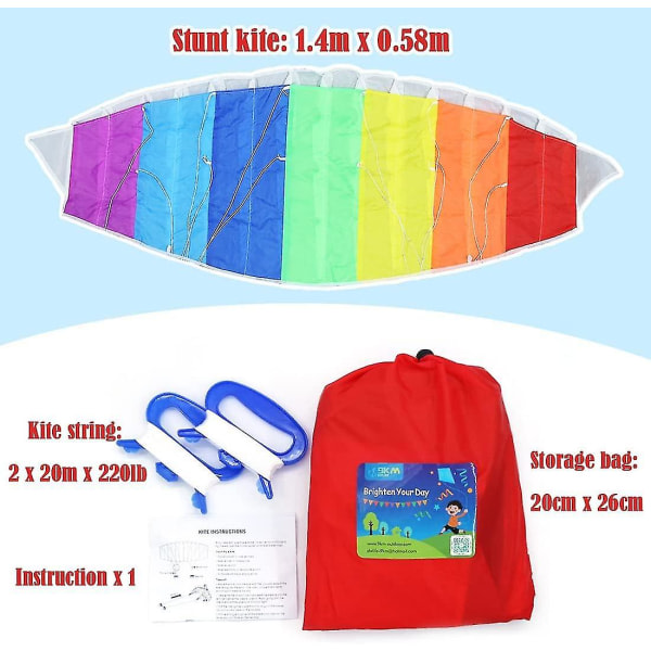 Rainbow Stunt Drage, 1,4 m Dual Line Power Kite til børn og voksne, Sports Parafoil Faldskærmsdrage med Kite Line, udendørs strandlegetøj
