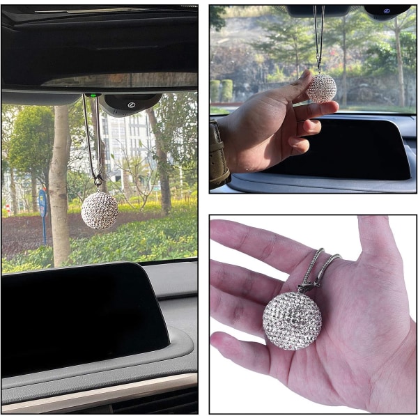 Crystal Ball Car Backspegel Charm, Crystal Rhinestone Bil & heminredning hängande prydnad, Bilinredningstillbehör (Vit)