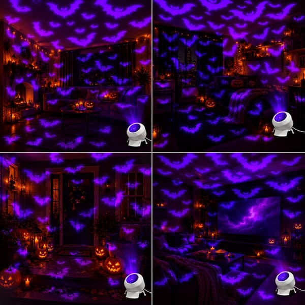 Dynamisk fladdermusprojektorlampa USB-driven 360 roterbar projicerar lila fladdermusväggmönster för sovrum vardagsrum skräckfester Halloween-dekor Bat
