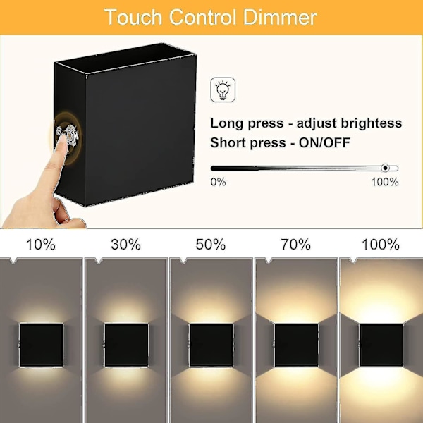 2 dimbare vegglamper, oppladbar vegglampe touch opp ned W