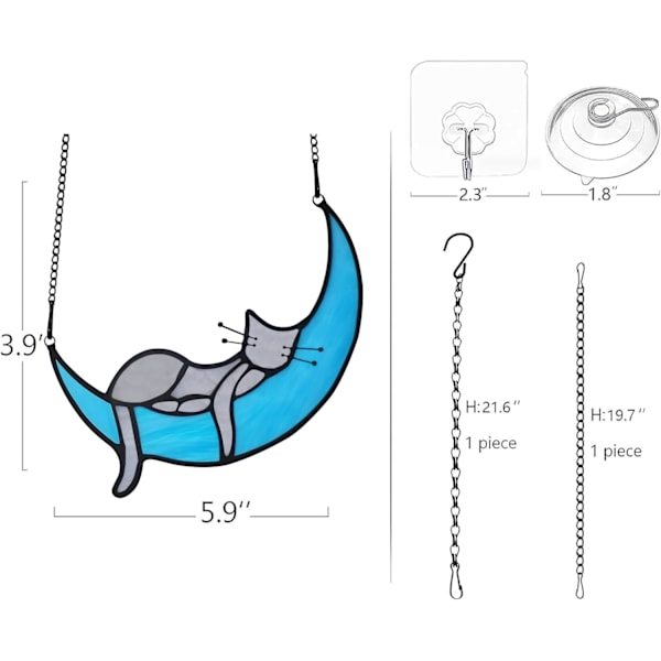 Färgat Glas Katt på Månen Presenter, Grå Katt Dekoration, Katt Solfångare Dekoration för Kattälskare, Katt Färgat Glas Fönsterhängande Minnesgåva Katt (Grå) Grey