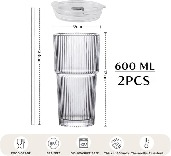 2-pack 600 ml räfflade glasmuggar med lock och sugrör i glas, kaffekopp