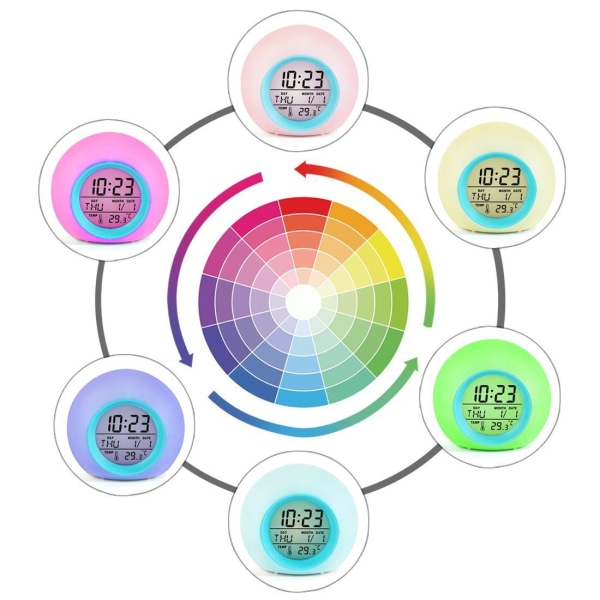 Student digital klokke for gutter, jenter, 7 farger skiftende lys nattbordsklokke