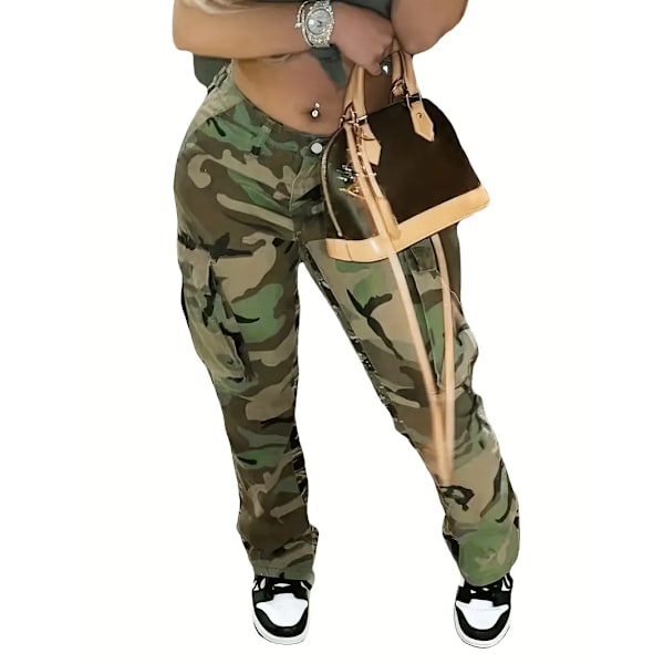 Naisten korkeavyötäröiset camouflage-cargohousut - keskivahvat, korkeavyötäröiset denim-housut sivutaskuilla