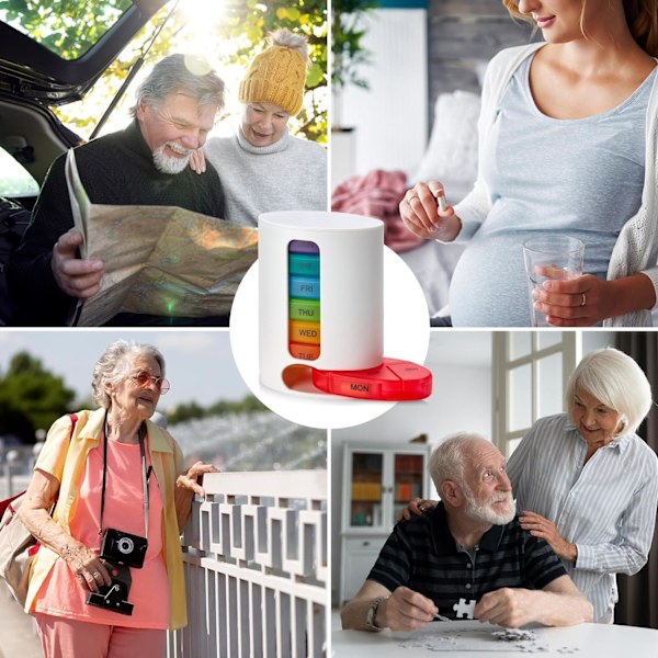 Ugentlig Pilleboks, 1 Dispenser, 7 Stable Multi-Farvede Rum Fire Gange Dagligt - Morgen, Middag, Aften og Sengetid, Hvid White housing