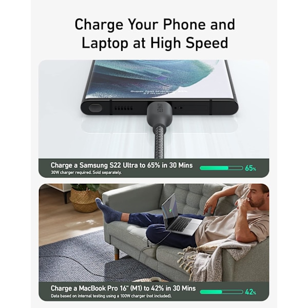 USB-C-kabel, 240W Bio-flätad Typ C Snabbladdningskabel för iPhone 16/16 Pro, MacBook Pro 2020, iPad Pro och mer (USB 2.0, 1,8 m, Phantom Black)