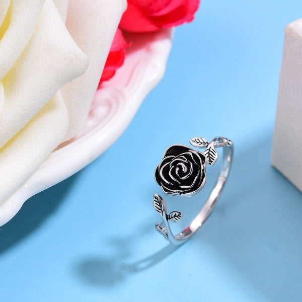 S925 Sterling Silver Rose Öppen Ring 3D Rose Form Justerbara Ringsmycken för kvinnor och flickor